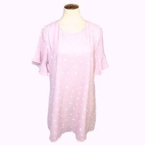 AVA Festival Pink White Polka Dots Crepe Mini Dress Ruffle Short Sleeves Sz M/L